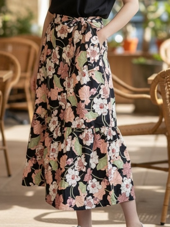 Who What Wear Dresses & Skirts - Who What Wear Black Floral Tie-Waist Maxi Skirt, Bohemian Summer Skirt Size L